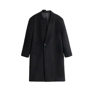 INSOMNIA失眠者2024垫肩不规则高级无领加厚长款黑色羊毛大衣男女