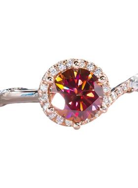 PT950铂金莫桑石群镶扭臂红宝石戒指1克拉微镶钻戒时尚精致设计感