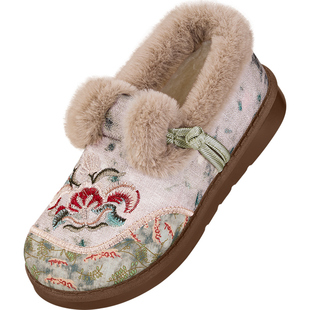 老北京布鞋女冬加绒中老年妈妈棉鞋一脚蹬老人保暖防滑软底绣花鞋