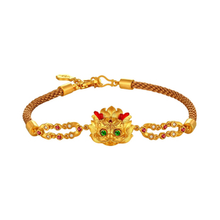 宫廷质造古法黄金麒麟手链定制女新款足金999链子手环祖母绿宝石