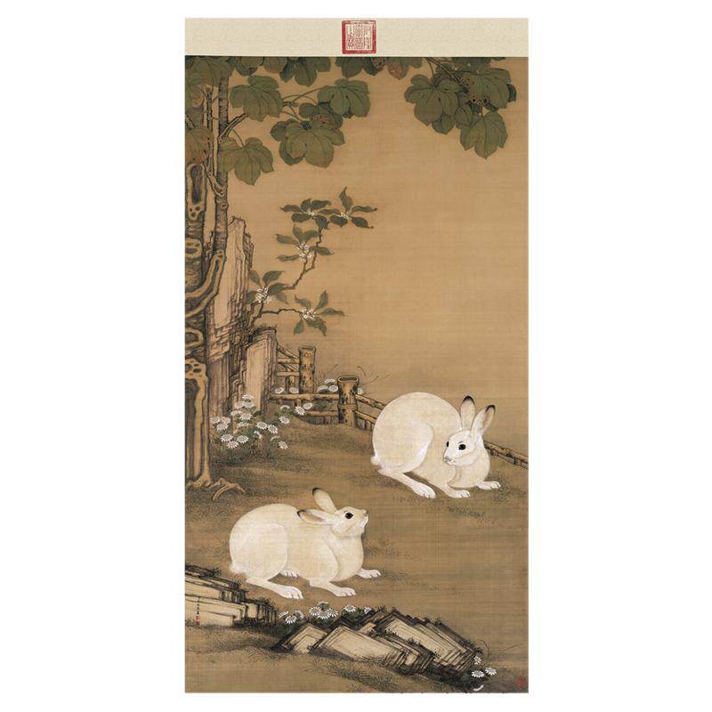 冷枚梧桐双兔图古代动物字画真迹高清微喷书房玄关挂画吉祥装饰画