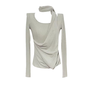 【青玉生烟】超好看的长袖t恤女秋冬挂脖内搭打底衫慵懒针织上衣