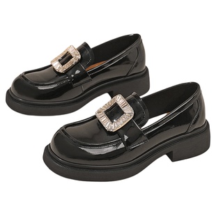 星期六厚底加绒乐福鞋女新款秋冬英伦风小皮鞋一脚蹬水钻方扣单鞋