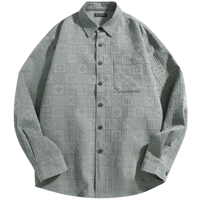 太平鸟男装 长袖衬衫男宽松肌理感面料提花老花翻领衬衣外套潮