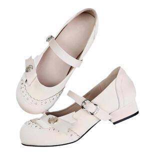 现货 圆圆蝴蝶结法式圆头浅口2way 舒适好走粗跟Lolita低跟小皮鞋