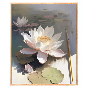 荷花数字油画diy莲花油彩画手工涂色手绘成人解压丙烯装饰画荷叶