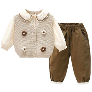 女童春秋季套装2025新款洋气儿童毛衣马甲三件套宝宝春装女孩衣服