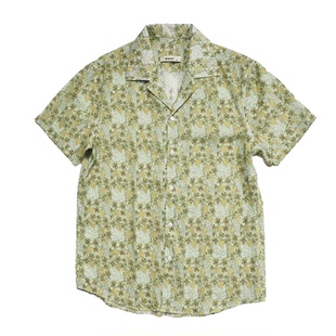 川泽男装休闲时尚绿色短袖花衬衫古巴领百搭棉麻混纺薄款透气衬衣