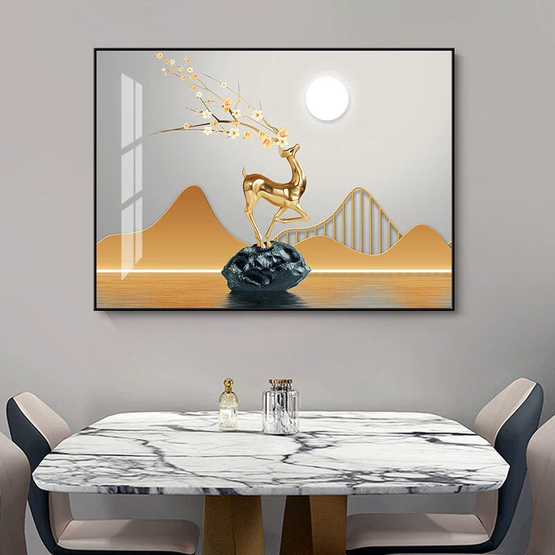 现代简约餐厅装饰画饭桌墙上单幅挂画轻奢风客厅大气餐厅麋鹿壁画
