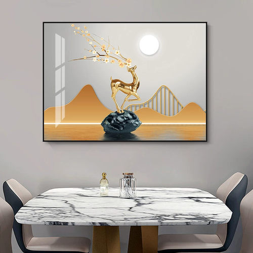现代简约餐厅装饰画饭桌墙上单幅挂画轻奢风客厅大气餐厅麋鹿壁画