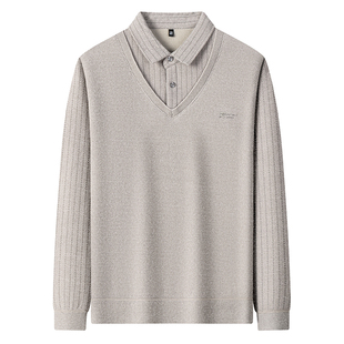 恒源祥纯羊绒衫假两件毛衣男中年羊毛衬衫领加绒加厚针织保暖上衣