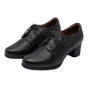 ELLE黑色粗跟深口单鞋女通勤小皮鞋系带不累脚女鞋2025新款