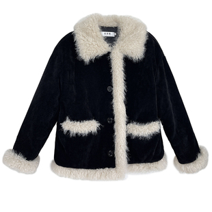 2025冬新款小香风羊羔毛外套女黑色灯芯绒环保皮草小个子毛绒上衣