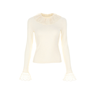 wana try刺绣花边领口宫廷感打底衫25秋新品米白色韩系百搭上衣女