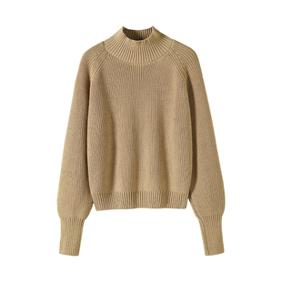 100%纯棉极简风高领针织衫女加厚抗起球休闲百搭2025新款套头毛衣