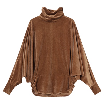 XU ZHI2025秋冬新品美拉德哑光丝绒上衣法式抽褶蝙蝠袖内搭打底