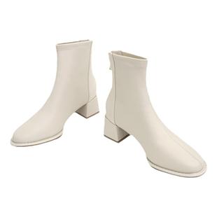 全牛皮粗跟短靴女士2026新款春夏季高跟时装靴加绒马丁靴瘦瘦靴