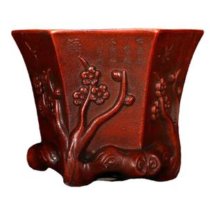 紫砂花盆陶瓷盆栽盆景多肉古典摹古老味回流铁画轩清款贴花六角盆