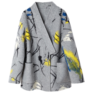 YUESPACE双面羊毛大衣时尚印花女宽松V领休闲秋冬毛呢外套常规款