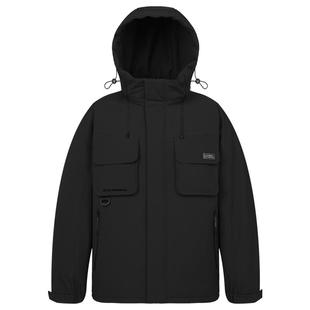 骆驼男装短款羽绒服男款防风加厚外套连帽工装派克服黑色保暖防水