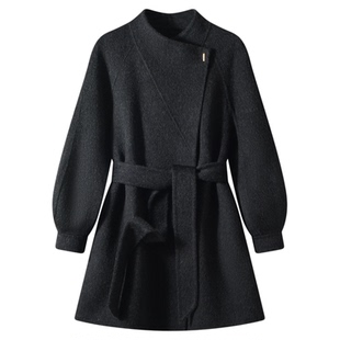 MANYAN 灰色毛呢大衣女立领双面羊绒秋冬新款小个子高级韩系外套