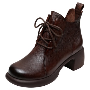 牛皮新款时尚超火粗跟短靴女款舒适真皮2026春秋女士休闲妈妈皮靴