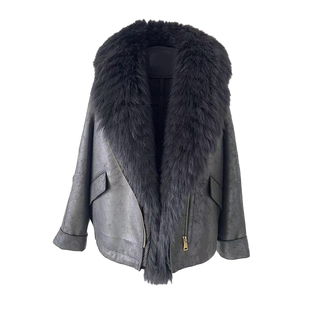 怡家原创新款麂皮绒大衣百搭羽绒服外套小个子宽松狐狸毛领皮草冬