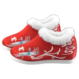 锦袍仙新款冬季加绒汉服鞋子女古装绣花鞋古风内增高圆头婚鞋棉鞋