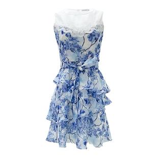 JESSICARED杰西卡红夏上新蓝色印花拼接蕾丝无袖连衣裙813175