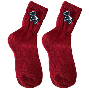 秋冬季厚款保暖酒红色羊毛红袜子新年马年可爱小马玩偶中筒袜木耳