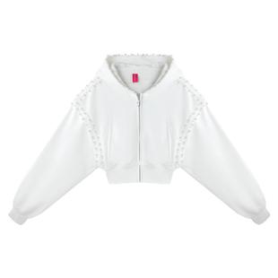 FTT FlyTheTruth 珍珠花边卫衣女春季纯棉收腰上衣连帽休闲短外套