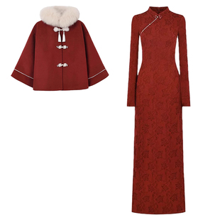 冬季新中式红色喜庆敬酒服婚服汉服保暖外套旗袍连衣裙国风套装女