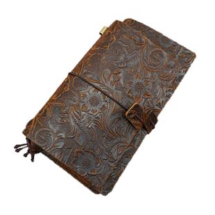 禾木家复古真皮疯马牛皮雕花活页旅行笔记本手帐标准随身款护照版