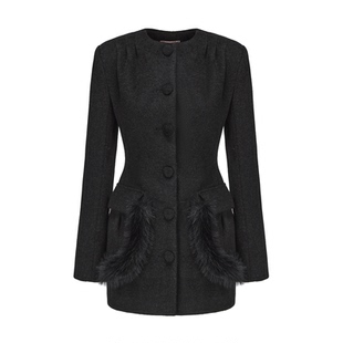 le palais vintage原创 复古黑色毛呢收腰毛毛兜小个子显瘦外套