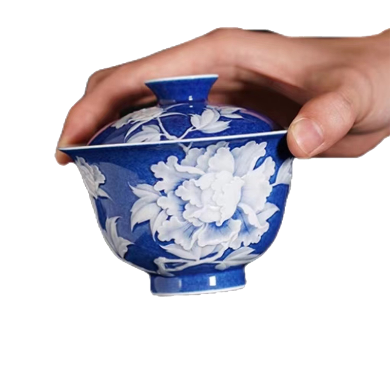 初蓝舍盖碗堆白纯手绘