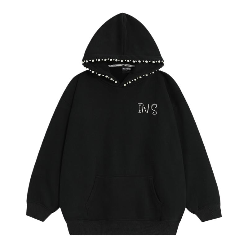 【INSKR】国潮牌情侣美式不规则珍珠LOGO钉珠卫衣宽松加绒帽衫男