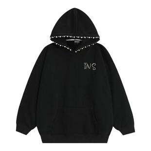 【INSKR】国潮牌情侣美式不规则珍珠LOGO钉珠卫衣宽松加绒帽衫男