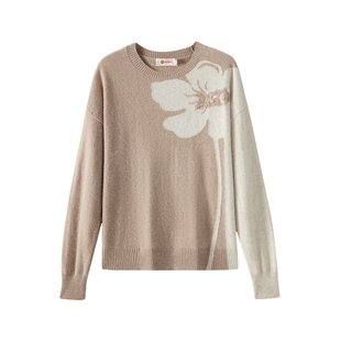 皮皮狗【无染色羊绒】25秋冬新款圆领绣花落肩袖手绣花卉图案女