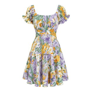 Go Girl Go自制法式复古油画花朵泡泡袖短袖连衣裙女后背绑带短裙