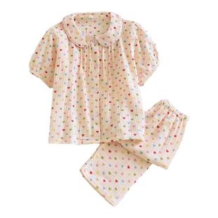 日系小清新儿童纯棉纱布睡衣套女童短袖长裤春夏季薄款宝宝家居服