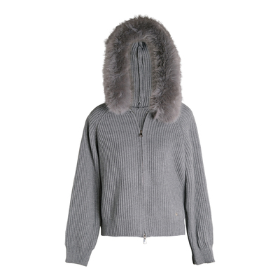 可拆卸毛领连帽拉链针织外套厚款