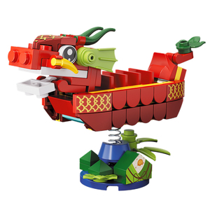 方橙积木儿童益智小颗粒拼装玩具龙舟男孩海盗船拼图模型摆件礼物