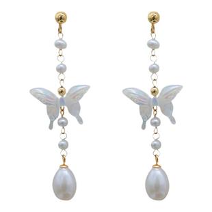 MISS HELEN翩蝶物语耳夹女耳钉蝴蝶天然母贝珍珠蝴蝶中式耳环耳饰