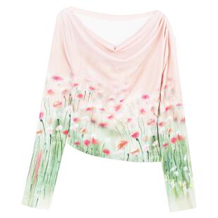 KEIKO 纯欲感晕染印花斜肩上衣26春季温柔风粉色荡领长袖t恤