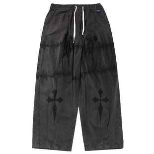 UUCSCC嘻哈复古高街阔腿黑色牛仔裤工装直筒宽松大码哥特风长裤男