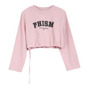 PHISM春夏季新品圆领长袖短上衣女休闲印花卡其色T恤显瘦显高