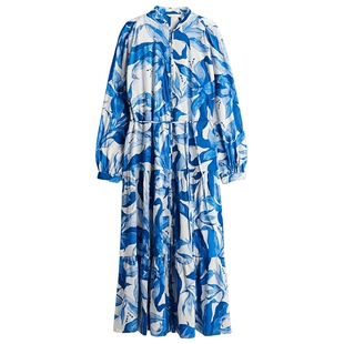 HM女装连衣裙春季海边度假风印花灯笼袖植物海洋印花长裙1239045