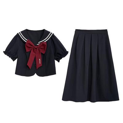 紫涵学院风海军领上衣半身裙套装女夏季新款甜美中长裙休闲两件套