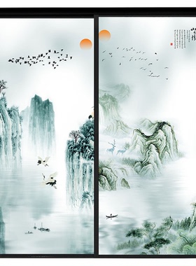 玻璃窗山水画透光窗户磨砂贴膜