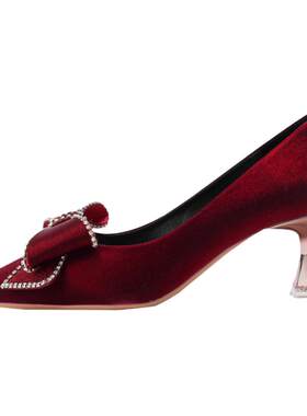 半目田婚鞋矮跟缎面新娘鞋蝴蝶结